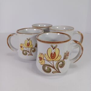 Vintage JMP Casualstone Korea Set of 4 Coffee Mugs Hand Painted Yellow Floral